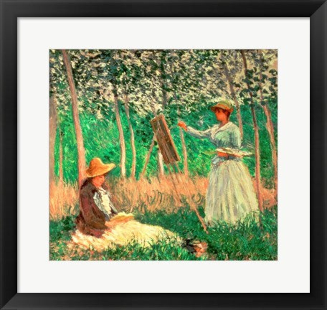 Framed Art In the Woods at Giverny: Blanche Hoschede at her easel with Suzanne Hoschede reading, 1887 by Claude Monet Wall Decor 18x24 Artwork